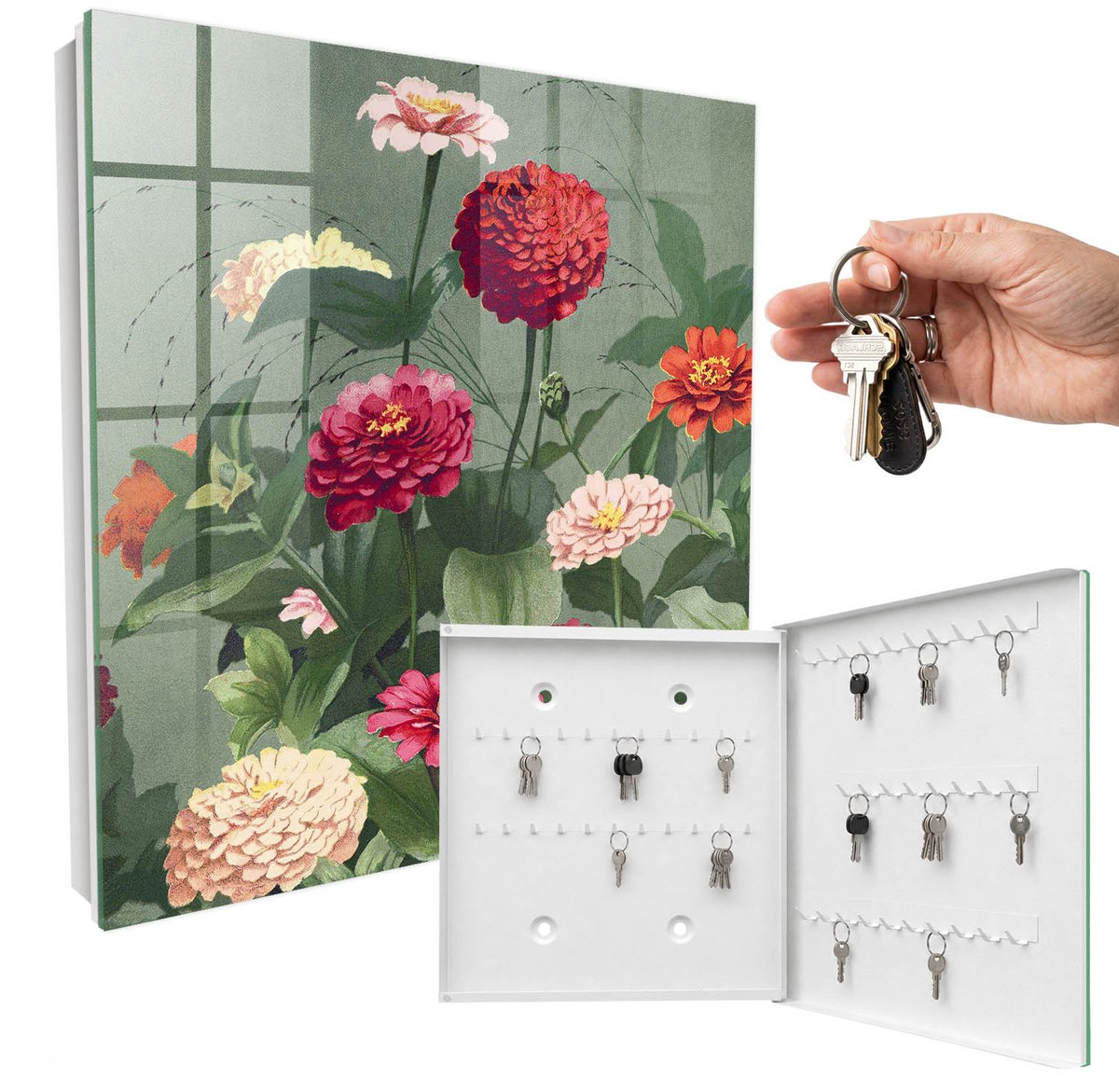 WallMuralia - Sleutelkast - 30x30x5 cm - met 50 haken - Bloeiende Tuin Design Sleutelkastje - Groente Sleutelbox - Rechtsopenend - Wit interieur