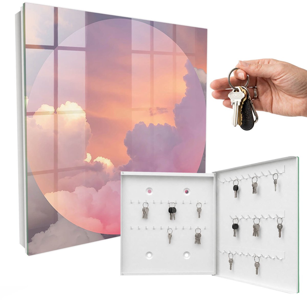 WallMuralia - Sleutelkast - 30x30x5 cm - met 50 haken - Etherische Wolken Sleutelkastje Modern - Roze Sleutelbox - Rechtsopenend - Wit interieur