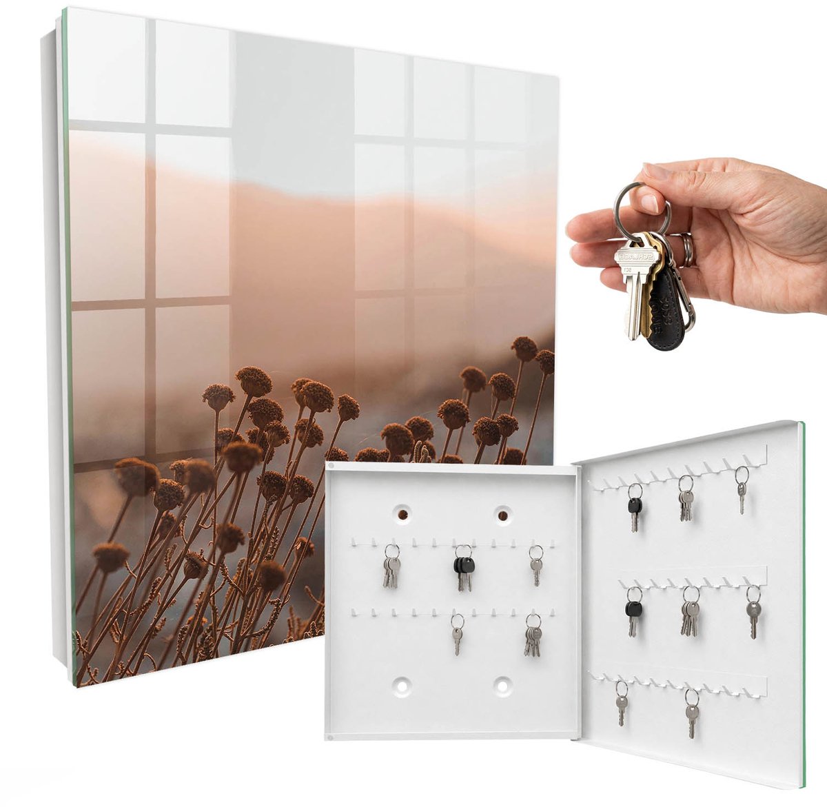 WallMuralia - Sleutelkast - 30x30x5 cm - met 50 haken - Herfstlandschap Sleutelkastje Binnen - Bruin Sleutelbox - Rechtsopenend - Wit interieur