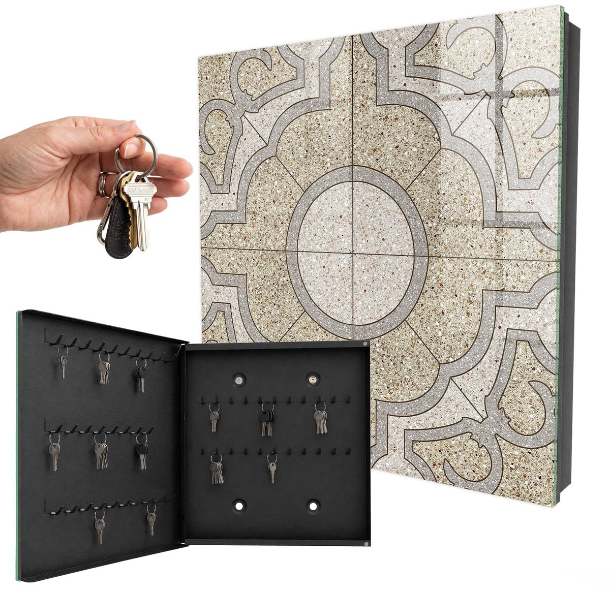 WallMuralia - Sleutelkast - 30x30x5 cm - met 50 haken - Elegant Mozaïek Sleutelkastje Binnen - Beige Sleutelbox - Linksopenend - Zwart interieur