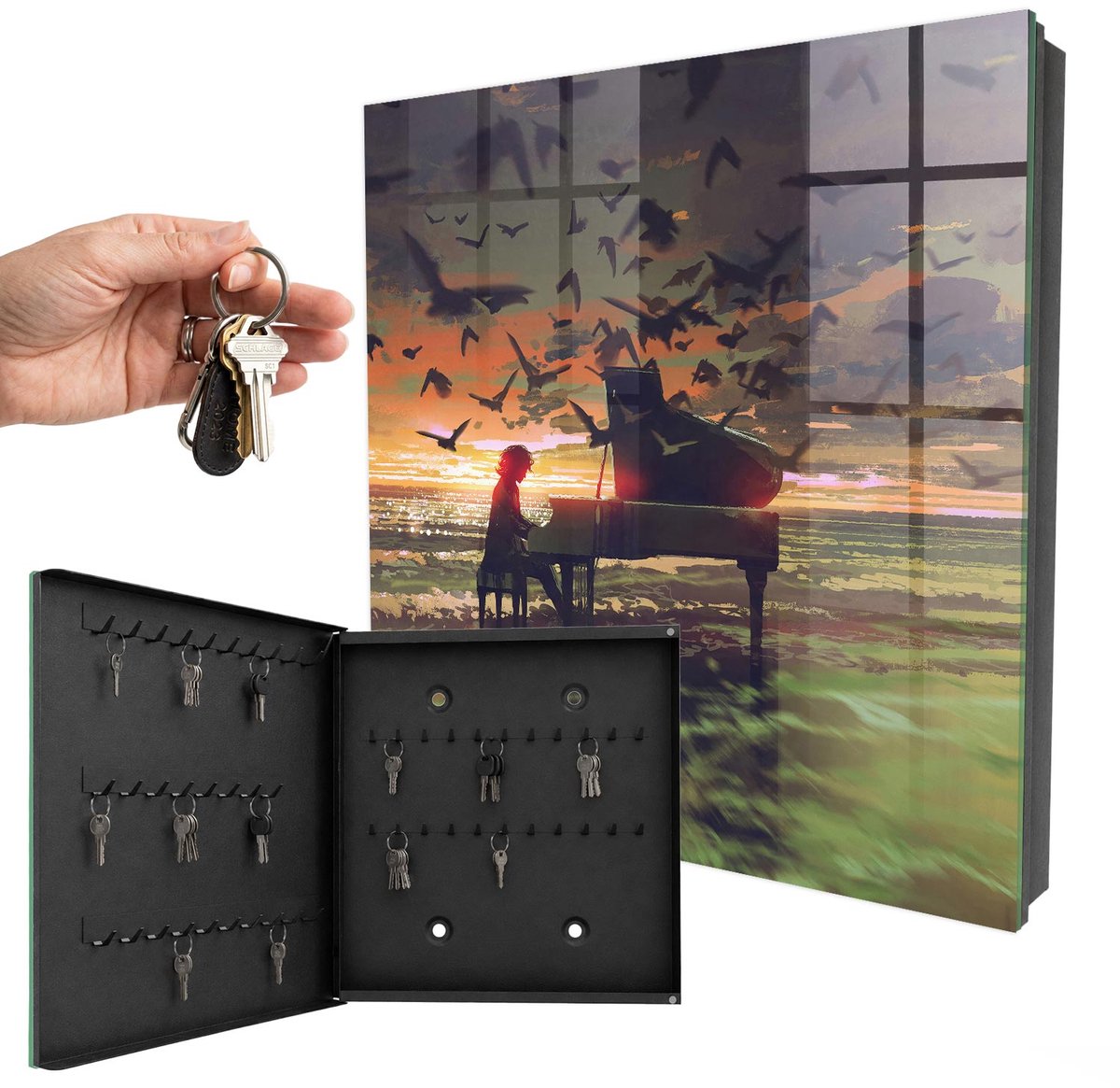 WallMuralia - Sleutelkast - 30x30x5 cm - met 50 haken - Harmonie Van De Natuur Sleutelkastje Gang - Oranje Sleutelbox - Linksopenend - Zwart interieur