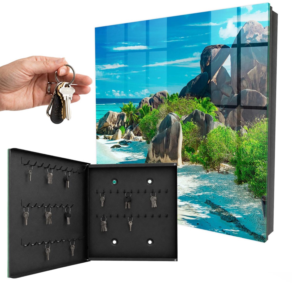 WallMuralia - Sleutelkast - 30x30x5 cm - met 50 haken - Tropisch Strand Sleutelkastje - Blauw Sleutelbox - Linksopenend - Zwart interieur