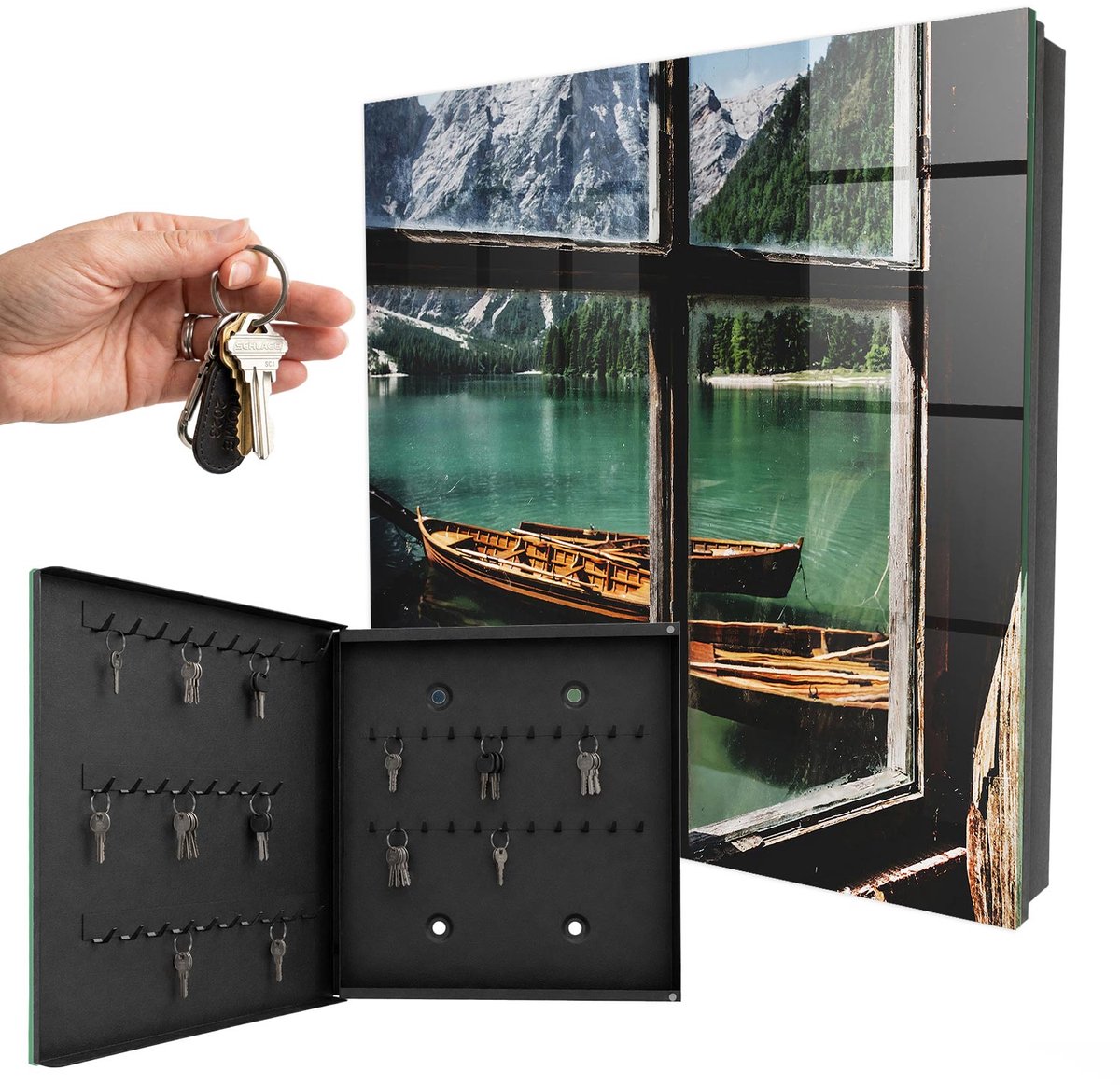 WallMuralia - Sleutelkast - 30x30x5 cm - met 50 haken - Bergmeer Groot Sleutelkastje - Turkoois Sleutelbox - Linksopenend - Zwart interieur
