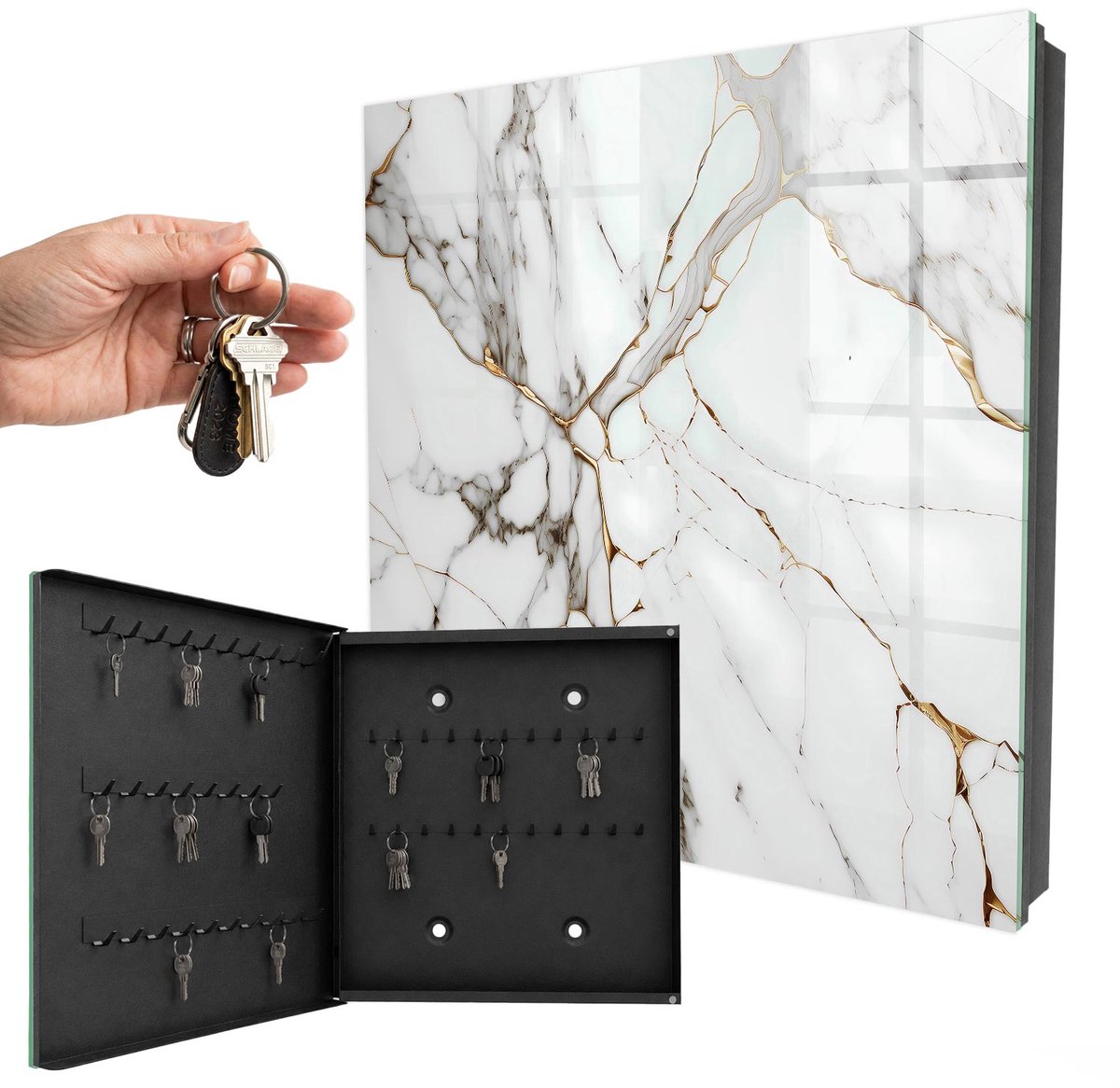 WallMuralia - Sleutelkast - 30x30x5 cm - met 50 haken - Marmeren Elegantie Sleutelkastje Voor Binnen - Wit Sleutelbox - Linksopenend - Zwart interieur