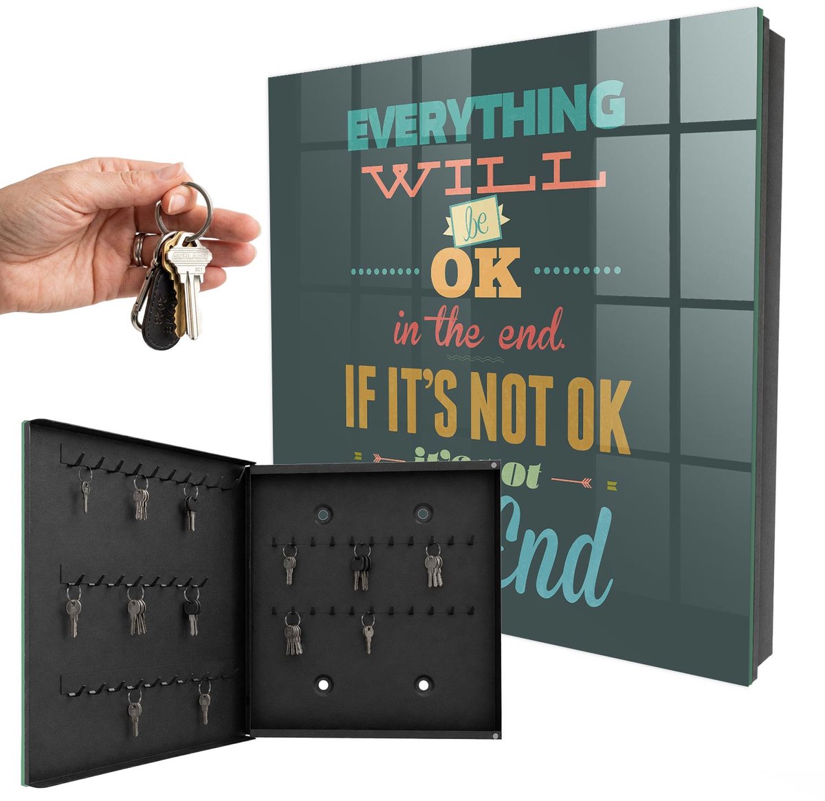 WallMuralia - Sleutelkast - 30x30x5 cm - met 50 haken - Positieve Boodschap Sleutelkastje Modern - Turkoois Sleutelbox - Linksopenend - Zwart interieur
