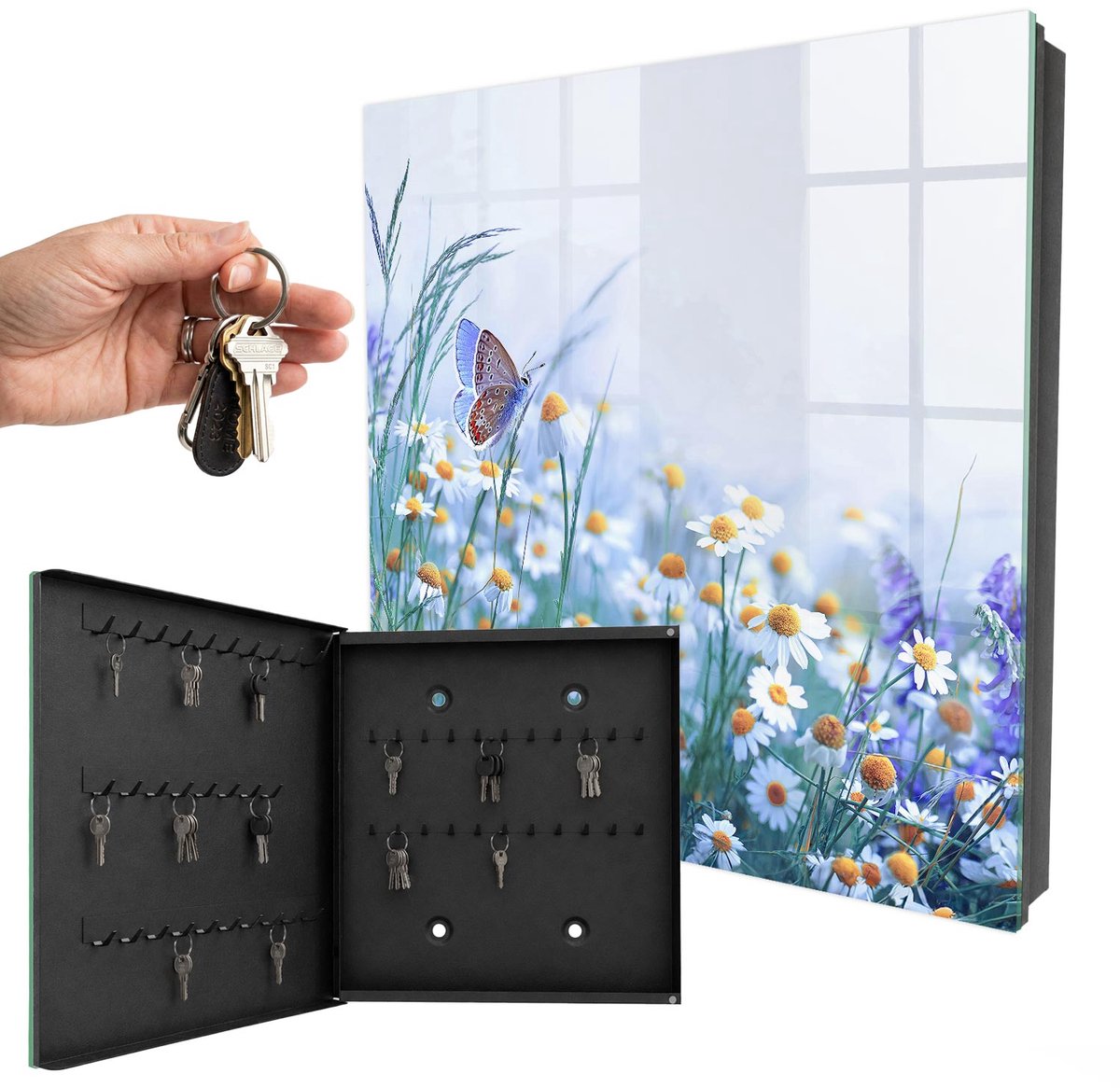 WallMuralia - Sleutelkast - 30x30x5 cm - met 50 haken - Zomerweide Sleutelkastje Klein - Blauw Sleutelbox - Linksopenend - Zwart interieur