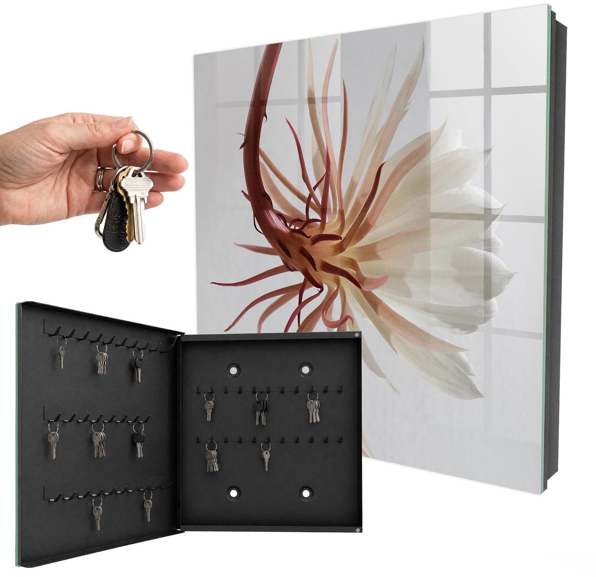 WallMuralia - Sleutelkast - 30x30x5 cm - met 50 haken - De Elegantie Van De Natuur Design Sleutelkastje - Romig Sleutelbox - Linksopenend - Zwart interieur