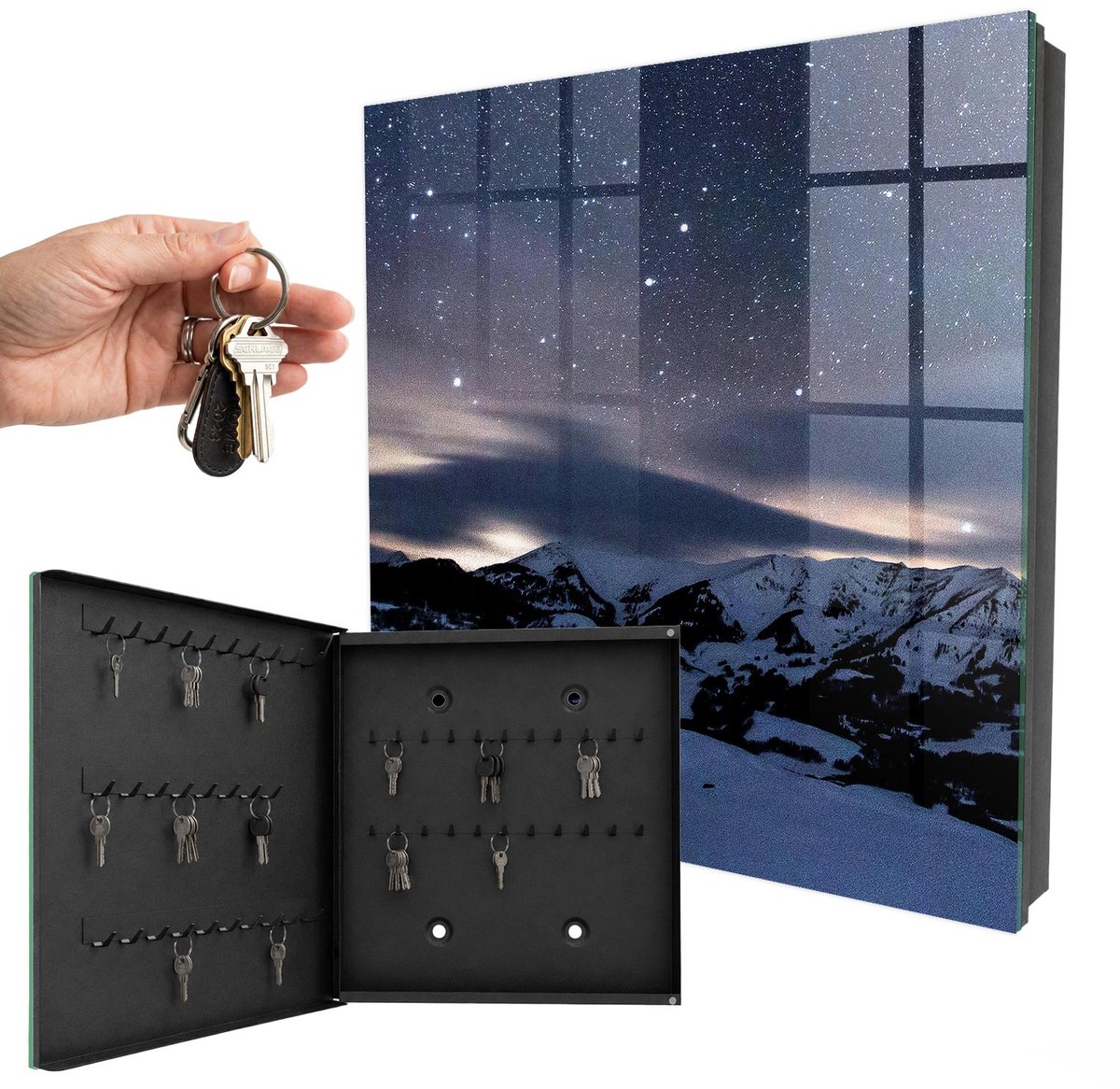 WallMuralia - Sleutelkast - 30x30x5 cm - met 50 haken - Nachtbergen Sleutelkastje Binnen - Blauw Sleutelbox - Linksopenend - Zwart interieur