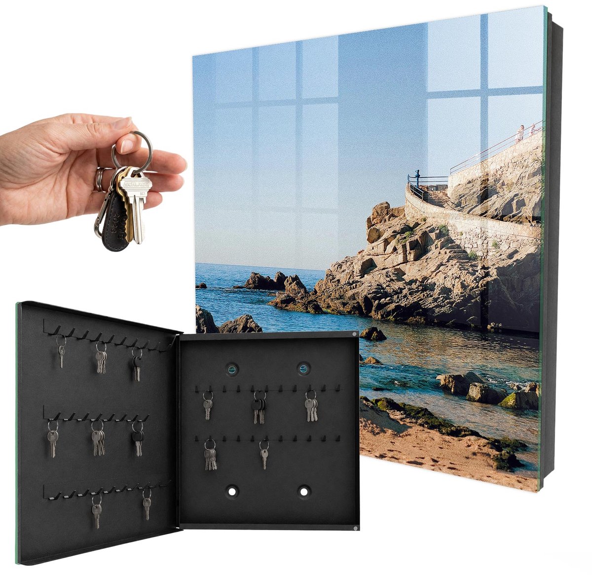 WallMuralia - Sleutelkast - 30x30x5 cm - met 50 haken - Kustlandschap Leuk Sleutelkastje - Blauw Sleutelbox - Linksopenend - Zwart interieur