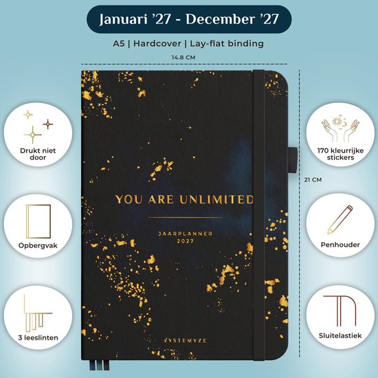 Zwarte A5 hardcover agenda 2027 met gouden 'You Are Unlimited' opdruk en decoratie.