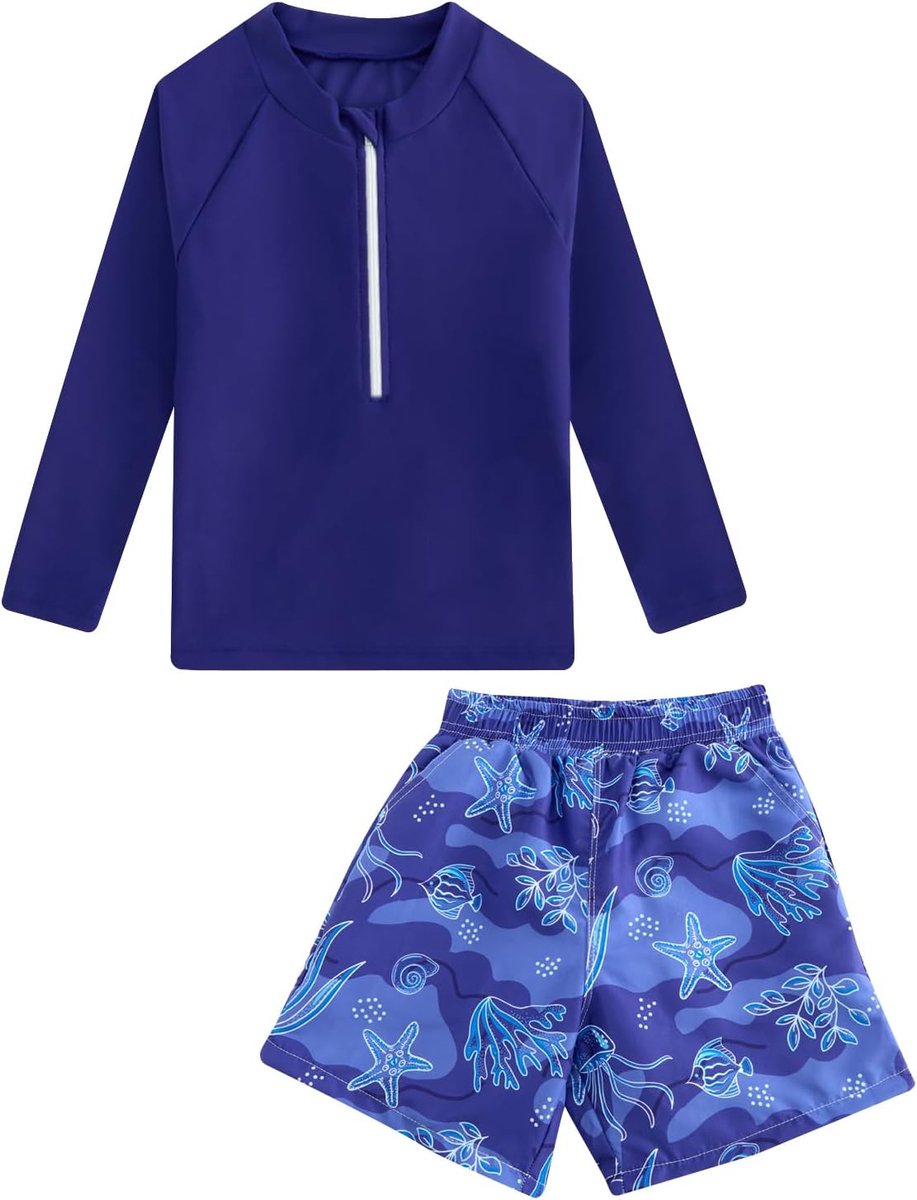 Badpak met lange mouwen voor jongens, 2 stuks kinderen rashguard badmode met ritssluiting aan de voorkant en zwemshort met zakken badpak voor 3-12 jaar