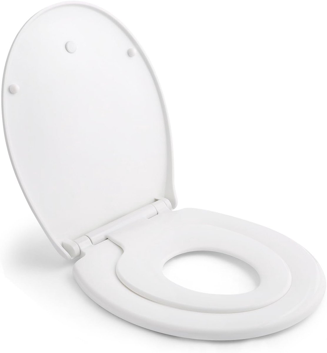 Toiletbril met magnetisch kinderzitje, valrem en verstelbaar scharnier, wc-bril van polyethyleen voor volwassenen en kinderen, O-vorm, wit (447 x 371 x 55 mm)