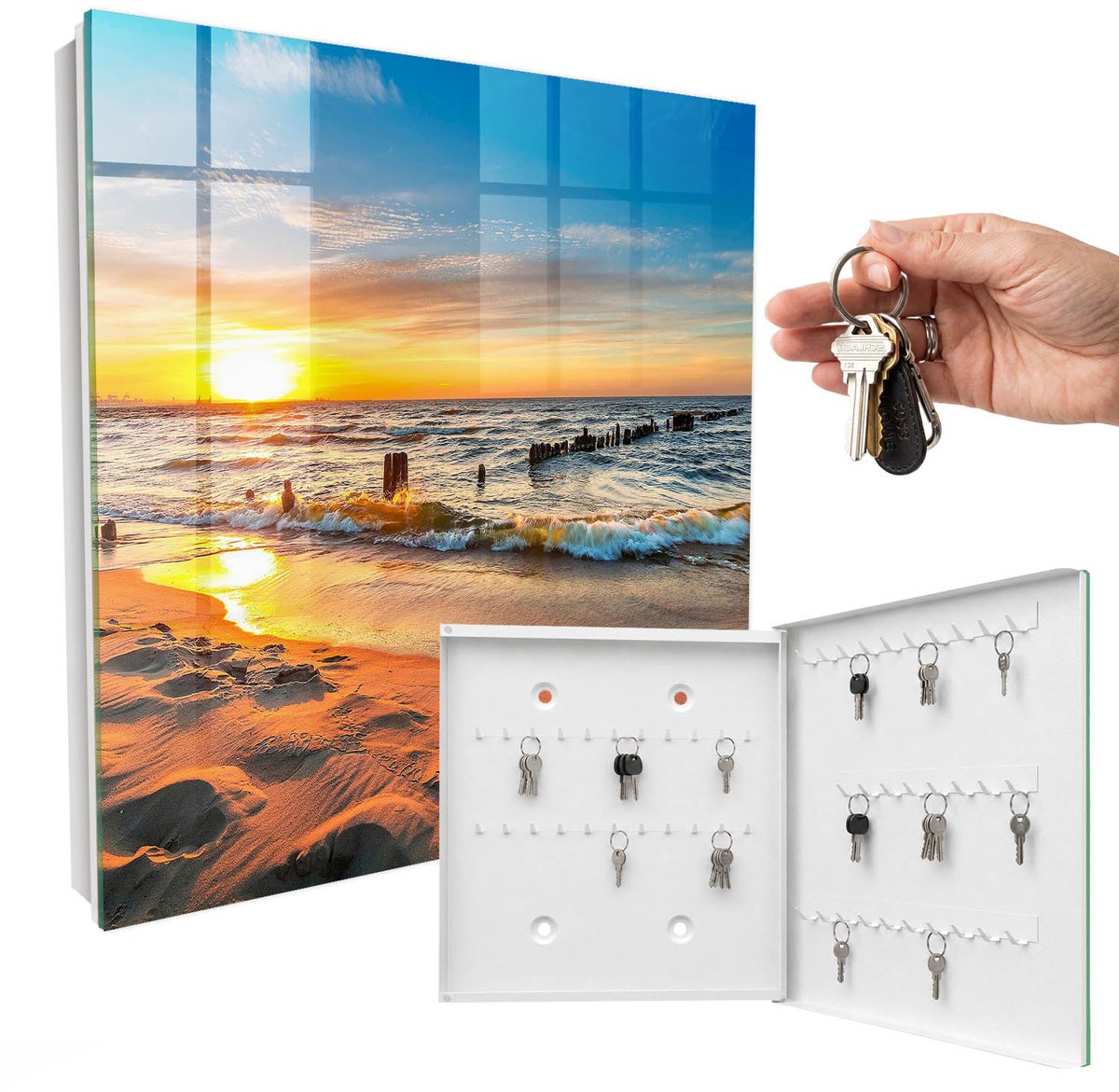 WallMuralia - Sleutelkast - 30x30x5 cm - met 50 haken - Zonsondergang Sleutelkastje Binnen - Geel Sleutelbox - Rechtsopenend - Wit interieur