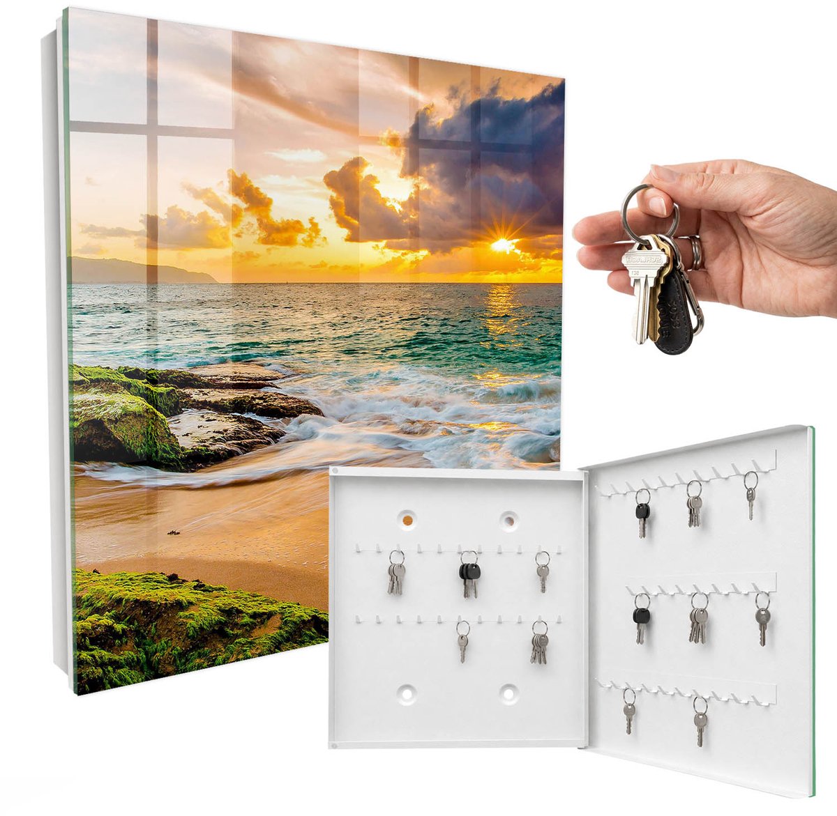 WallMuralia - Sleutelkast - 30x30x5 cm - met 50 haken - Zonsondergang Sleutelkastje Design - Oranje Sleutelbox - Rechtsopenend - Wit interieur
