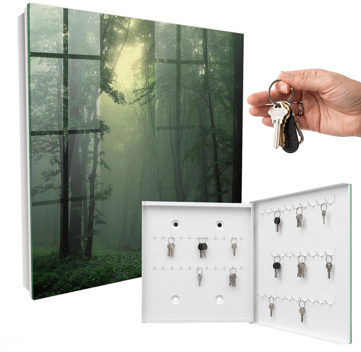 WallMuralia - Sleutelkast - 30x30x5 cm - met 50 haken - Bosmist Sleutelkastje - Groente Sleutelbox - Rechtsopenend - Wit interieur
