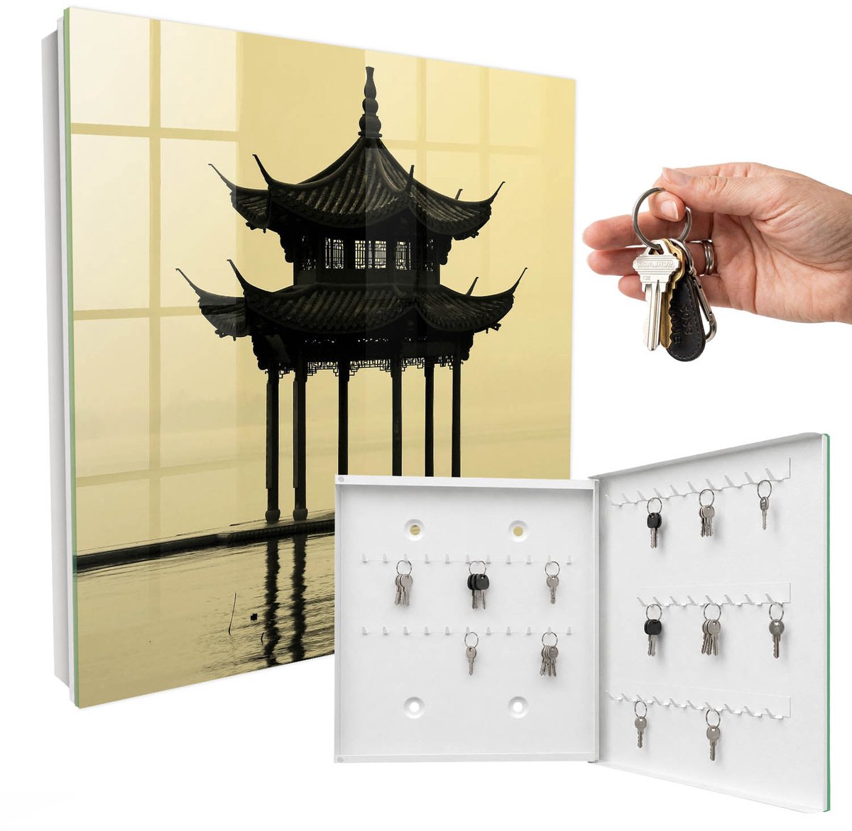 WallMuralia - Sleutelkast - 30x30x5 cm - met 50 haken - Paviljoen In Het Water Sleutelkastje Klein - Geel Sleutelbox - Rechtsopenend - Wit interieur