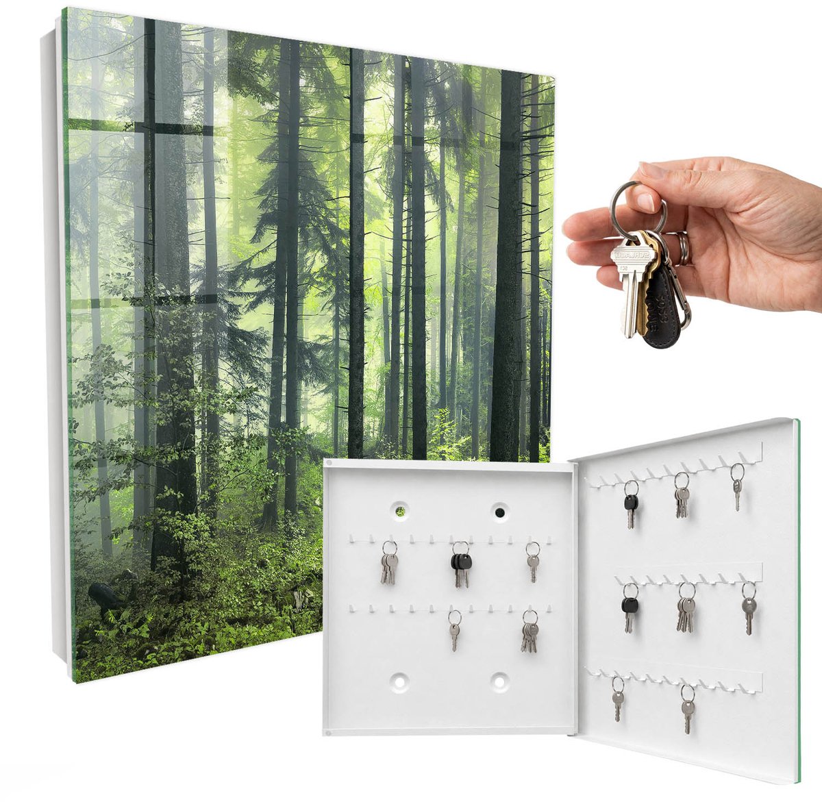WallMuralia - Sleutelkast - 30x30x5 cm - met 50 haken - Groen Bos Sleutelkastje Muur - Groente Sleutelbox - Rechtsopenend - Wit interieur