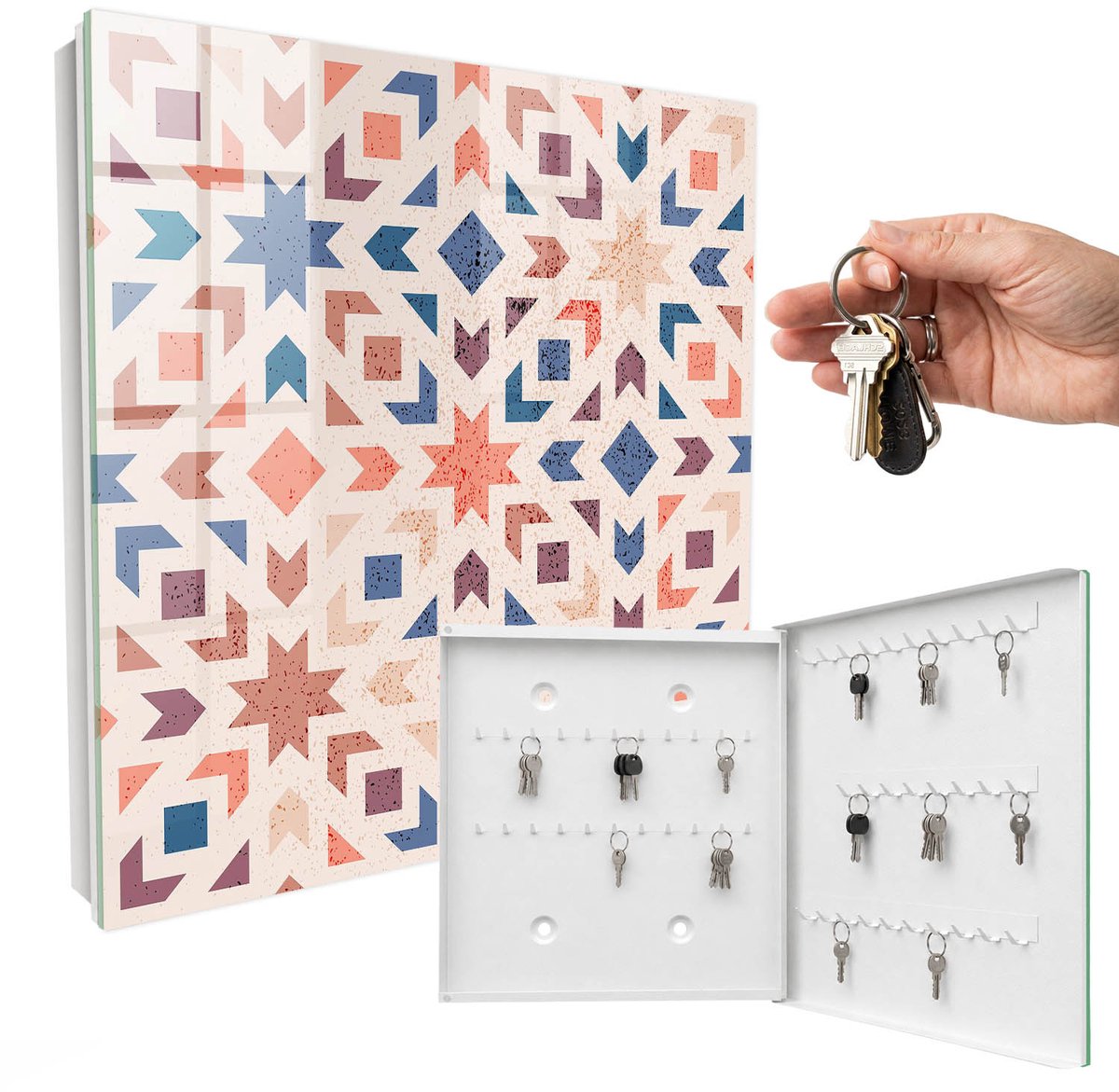 WallMuralia - Sleutelkast - 30x30x5 cm - met 50 haken - Geometrisch Patroon Sleutelkastje Binnen - Beige Sleutelbox - Rechtsopenend - Wit interieur