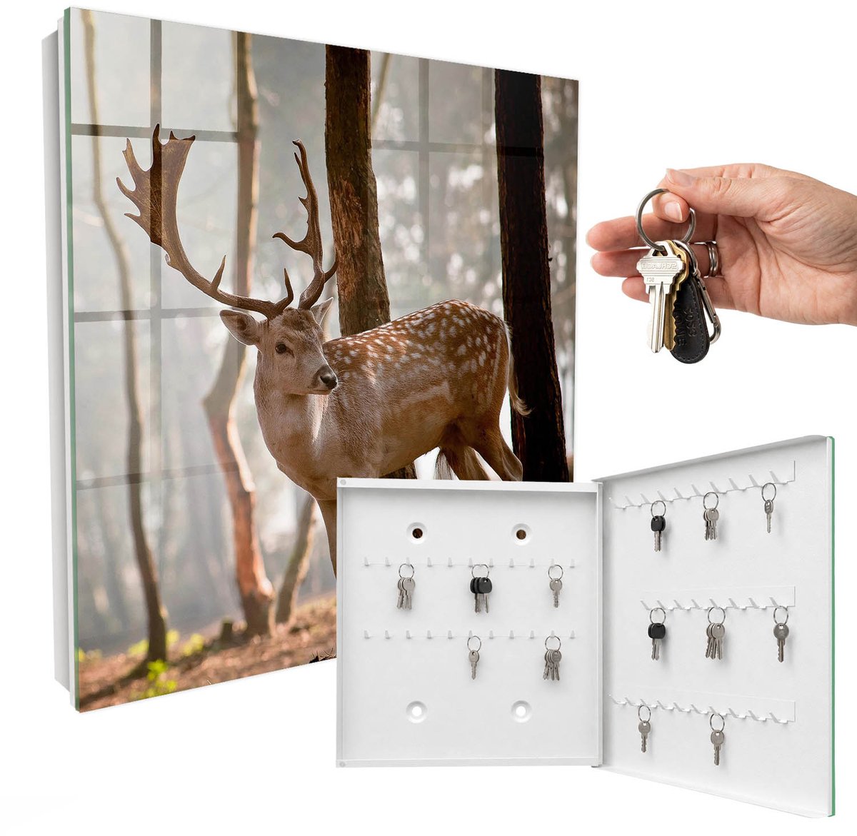 WallMuralia - Sleutelkast - 30x30x5 cm - met 50 haken - Herten In Het Bos Sleutelkastje Design - Bruin Sleutelbox - Rechtsopenend - Wit interieur