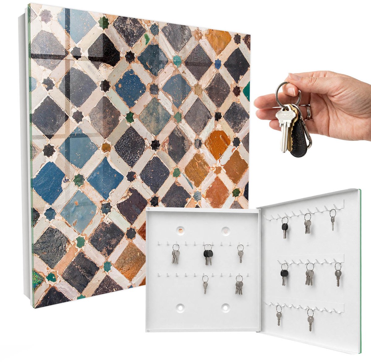 WallMuralia - Sleutelkast - 30x30x5 cm - met 50 haken - Kleurrijk Mozaïek Sleutelkastje Industrieel - Blauw Sleutelbox - Rechtsopenend - Wit interieur