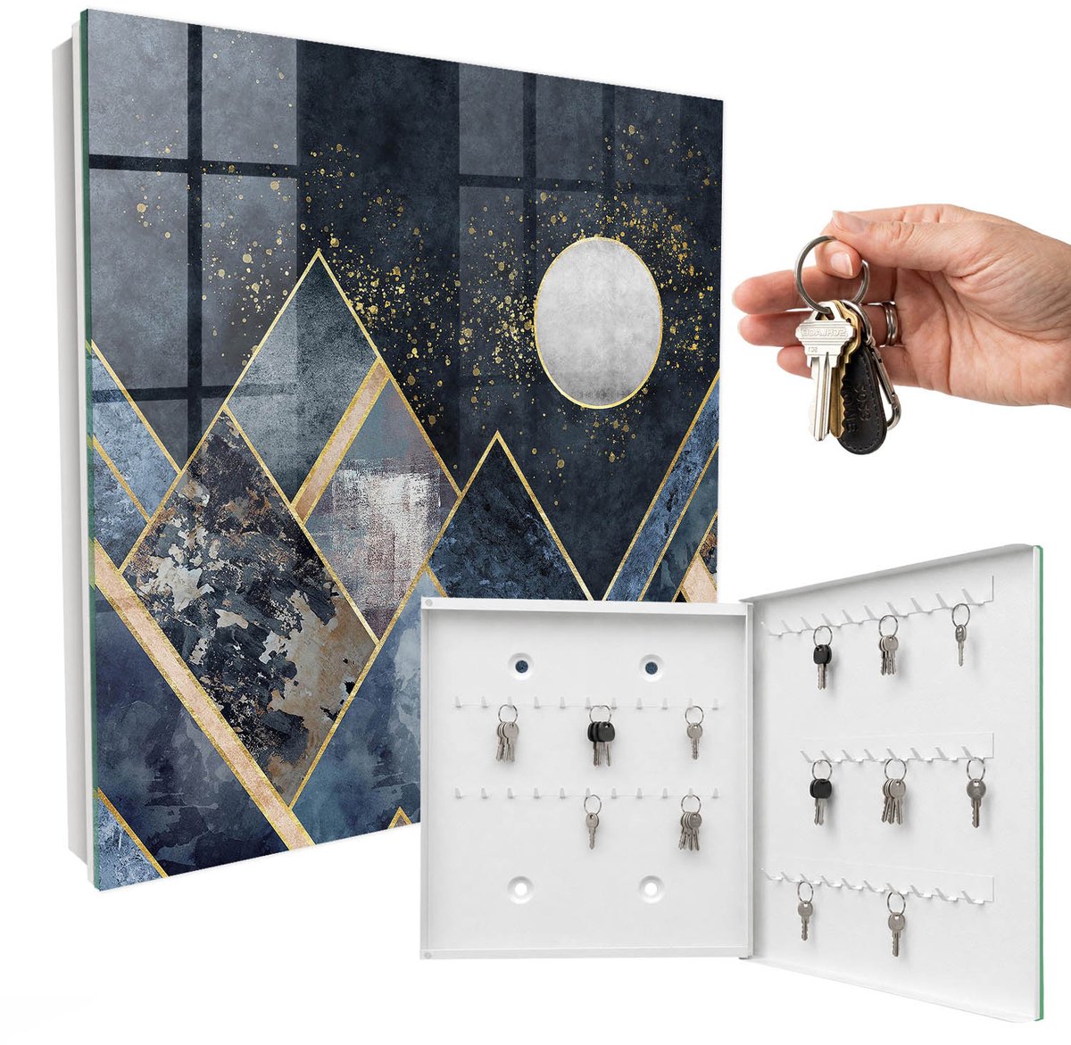 WallMuralia - Sleutelkast - 30x30x5 cm - met 50 haken - Hemelgeometrie Sleutelkastje Modern - Marine Sleutelbox - Rechtsopenend - Wit interieur