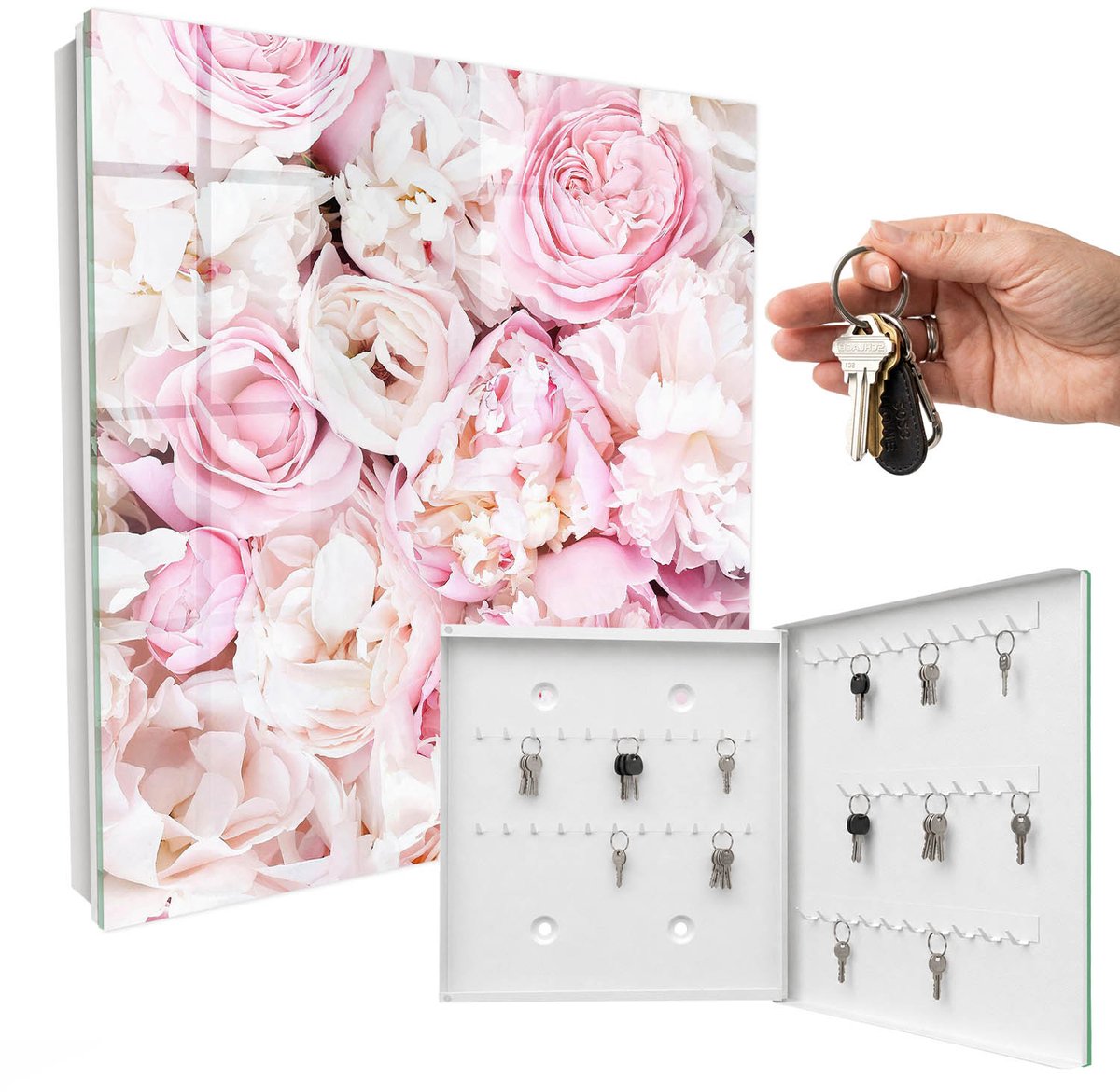 WallMuralia - Sleutelkast - 30x30x5 cm - met 50 haken - Pastelkleurige Bloemen Sleutelkastje - Roze Sleutelbox - Rechtsopenend - Wit interieur