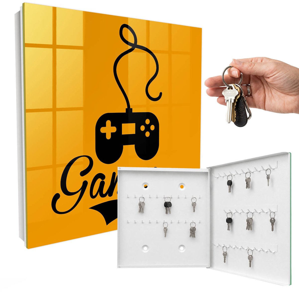 WallMuralia - Sleutelkast - 30x30x5 cm - met 50 haken - Pad En Het Woord Gamer Leuk Sleutelkastje - Oranje Sleutelbox - Rechtsopenend - Wit interieur