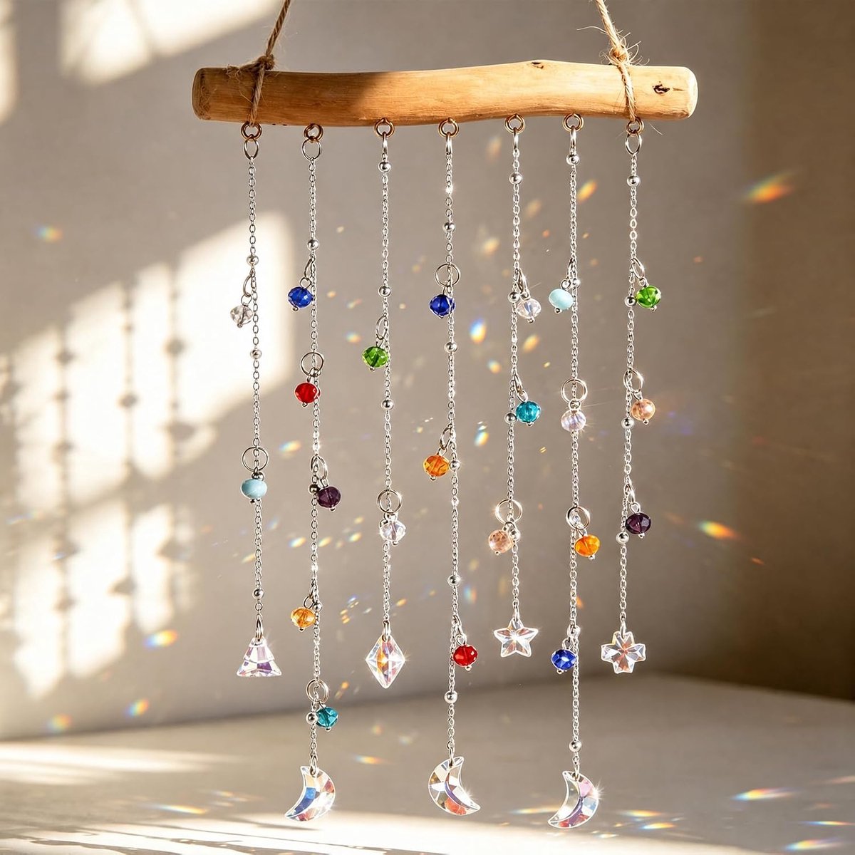 Zonnevanger kristal voor raamdecoratie, hangende windgong, kleurrijke parels, prisma, lichtspel, kleine parelgordijn, lichtvanger, raam, wanddecoratie, tuin, boho, decoratie, cadeau voor
