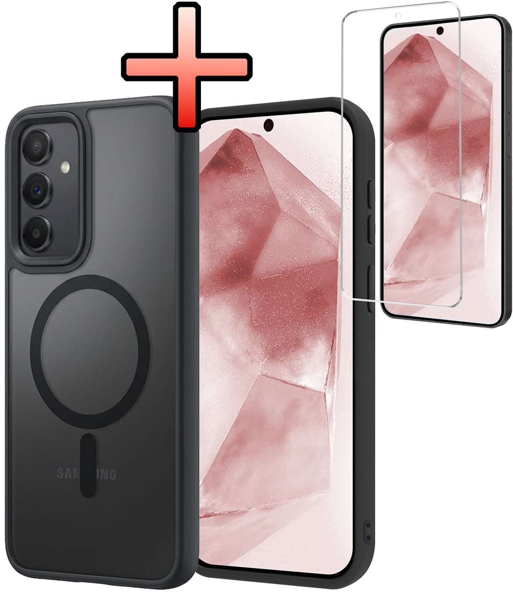 Hoesje - Met Screenprotector - Geschikt voor Samsung Galaxy A55 - Magsafe Compatible - Sterk & Shockproof - Back Cover - Shock Proof Case - Telefoon Hoes - Zwart