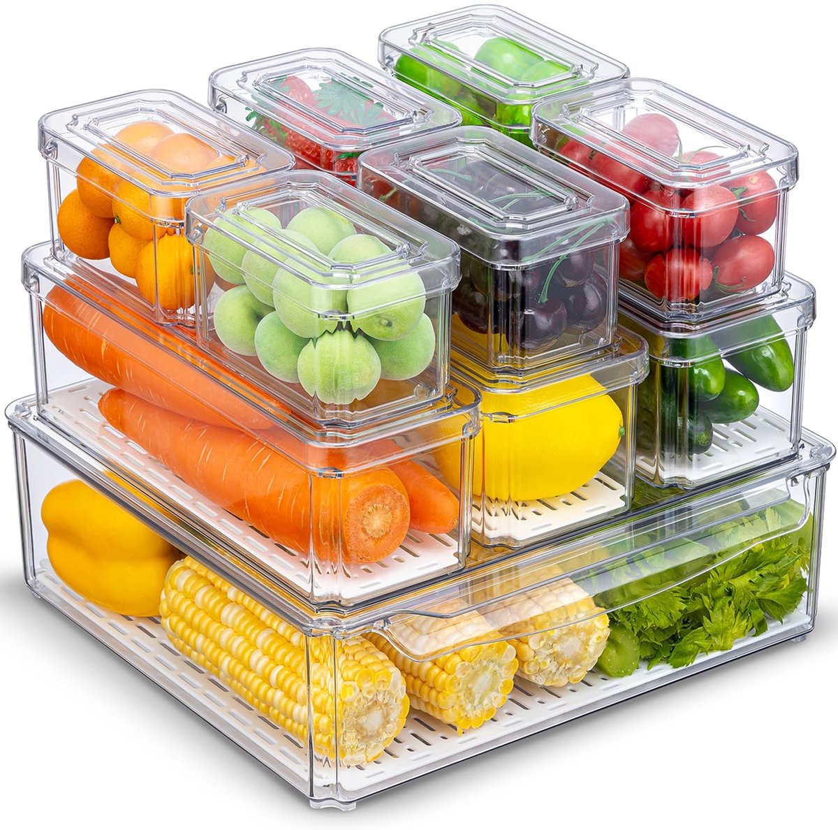 Koelkast Organizer Set 10 Stuks met Deksel - Stapelbare Bewaarbakken voor Koelkast en Keuken - BPA-vrije Vershoudcontainers met Uitlekmandje - Opbergdozen voor Groenten, Fruit, Dranken en Voedsel - Ruimtebesparende Keukenopberger