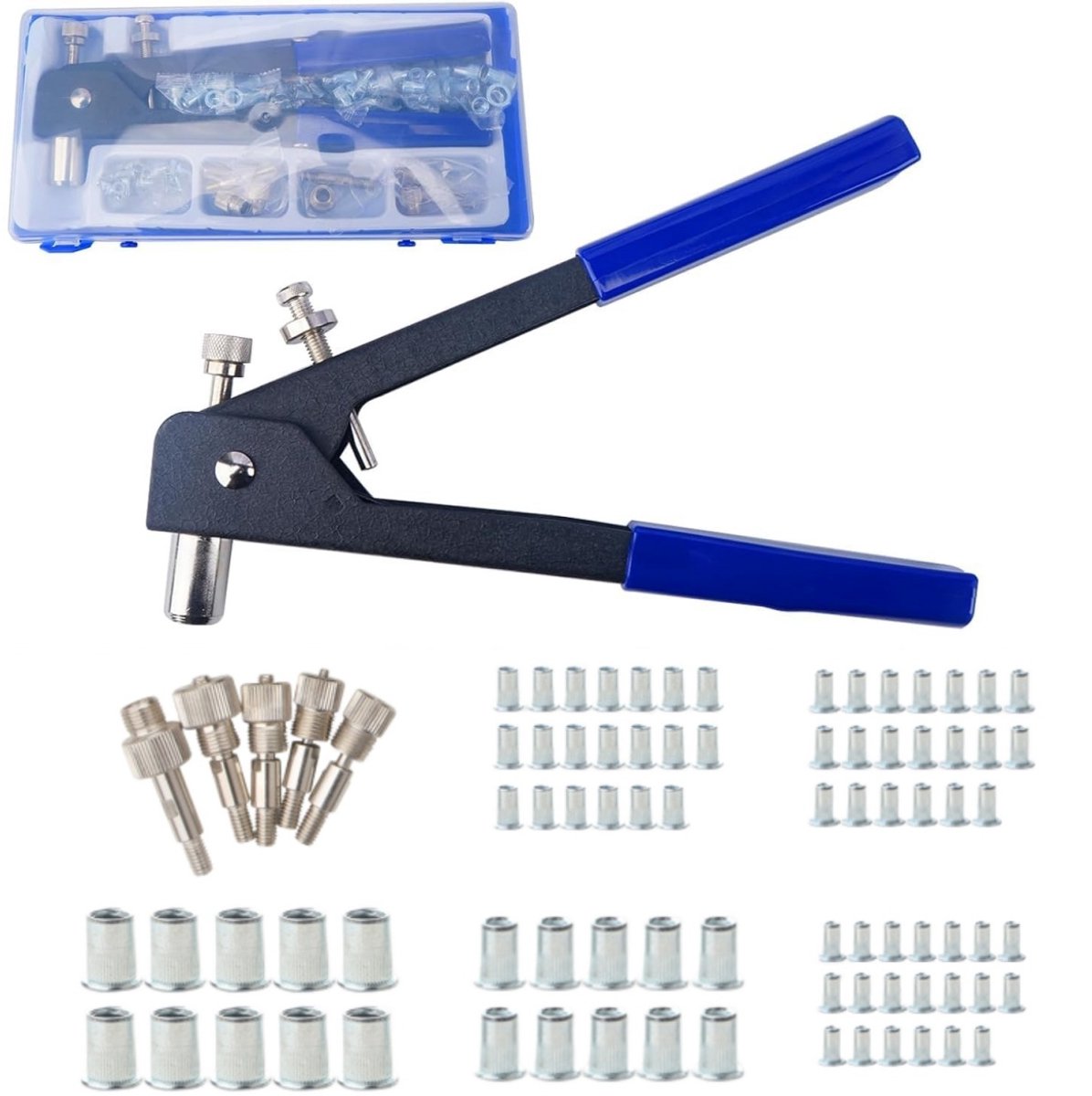 longziming -Blindklinkmoertang Set 86 Delig – Handmatige Klinkmoertang met M3 M4 M5 M6 M8 Blindklinkmoeren – Inclusief Opbergkoffer voor Auto, Metaal en Meubelreparatie