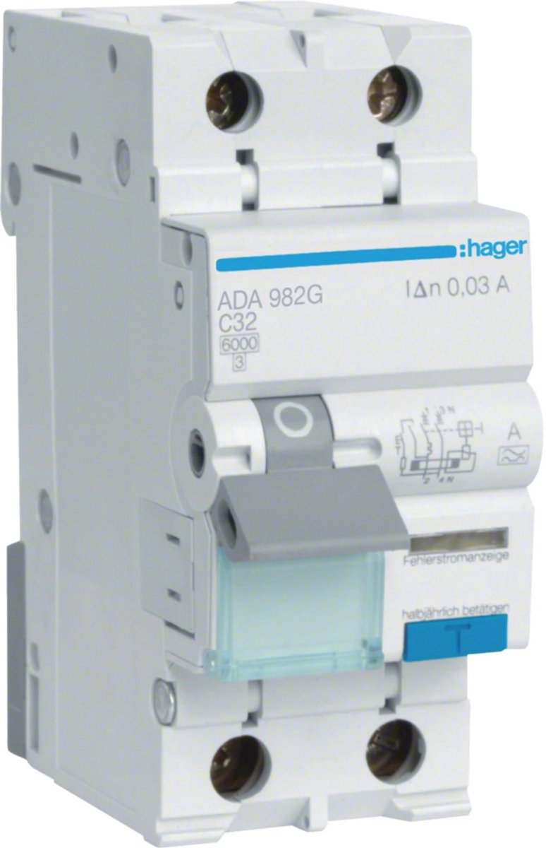 Hager aardlekautomaat C32 30mA 1P+N 6kA (ADA982G)