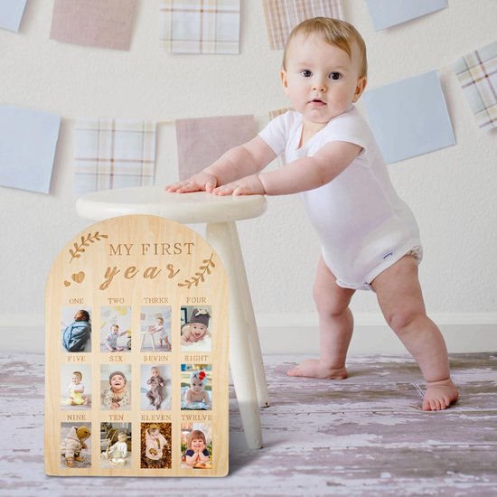 Babyfotolijst: "Mijn eerste jaar" - Gepersonaliseerd houten fotodisplay - Lijst voor 12 babyfoto's (maand-voor-maand) - Decoratie voor de babykamer / Kraamcadeau (voor jongens en meisjes) — afbeelding 4