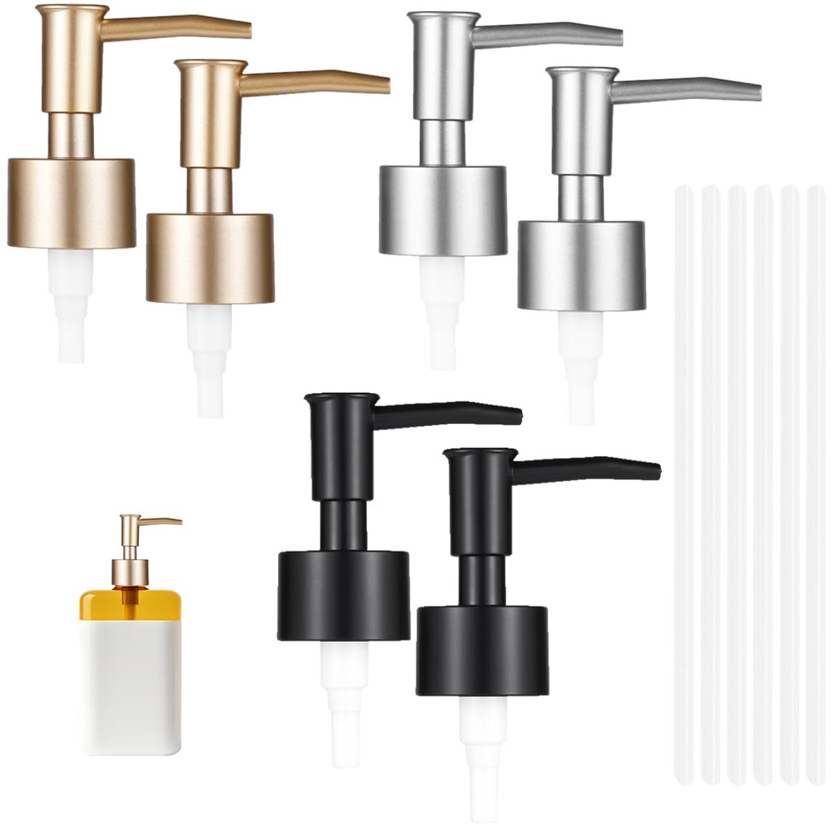 Zeepdispenser Pompjes Set - 6 Stuks - Vervangende Zeeppomp met 15 cm Slang - Schroefdop Pompkop - Voor Zeepflessen - Keuken, Badkamer en Hotel