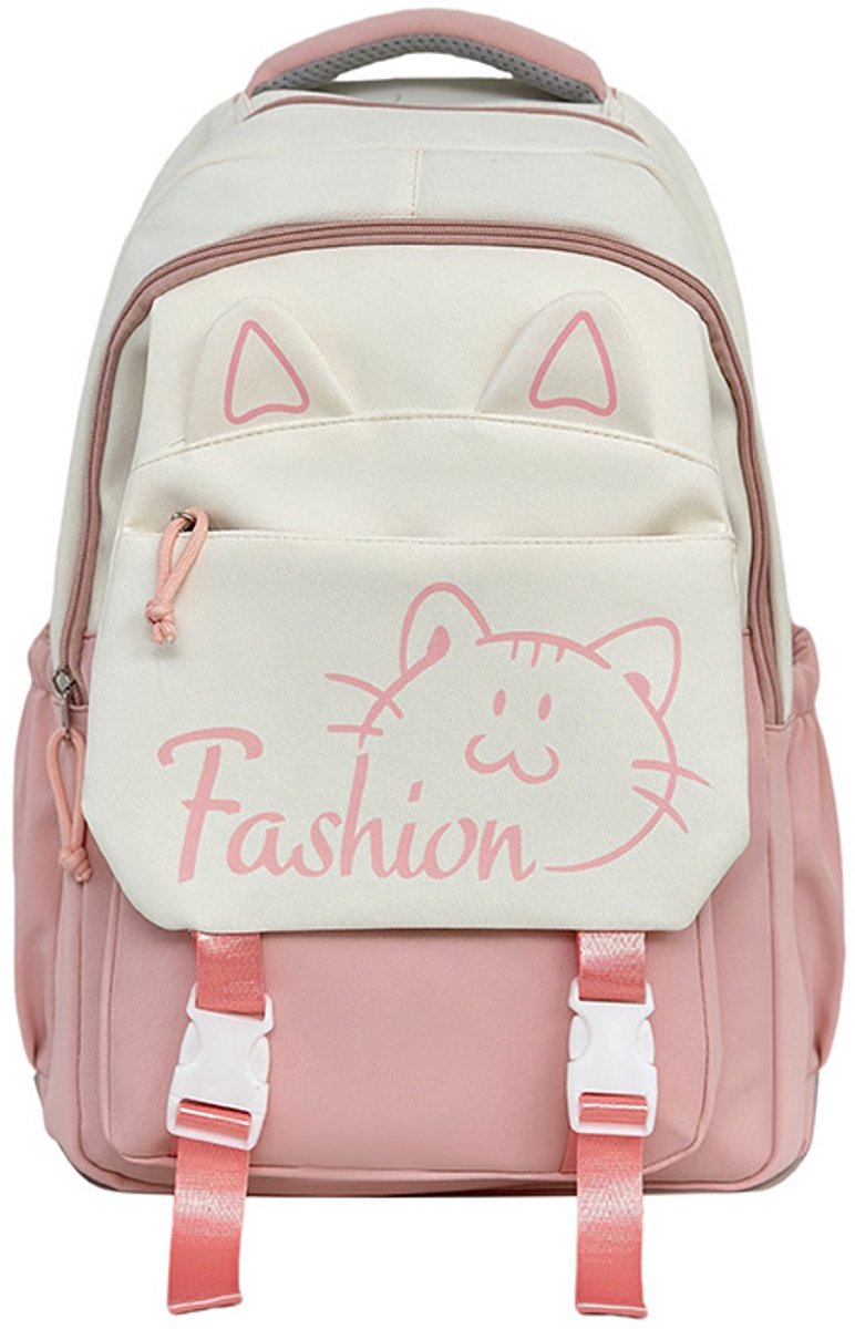 Rugzak met kattenprint en pluche bedeltje, duurzame tas met meerdere vakken voor dagelijks gebruik en op reis, ideaal als cadeau voor de start van het schooljaar (roze).