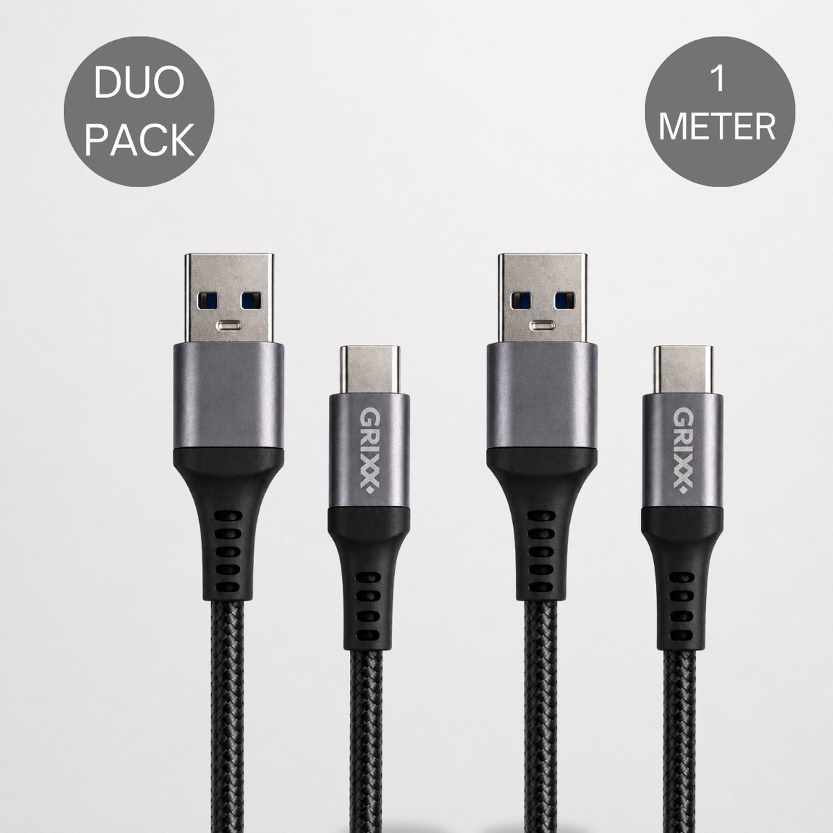 USB-C naar USB-A kabel - Grixx - 18W - 1 meter - Zwart - 2 stuks