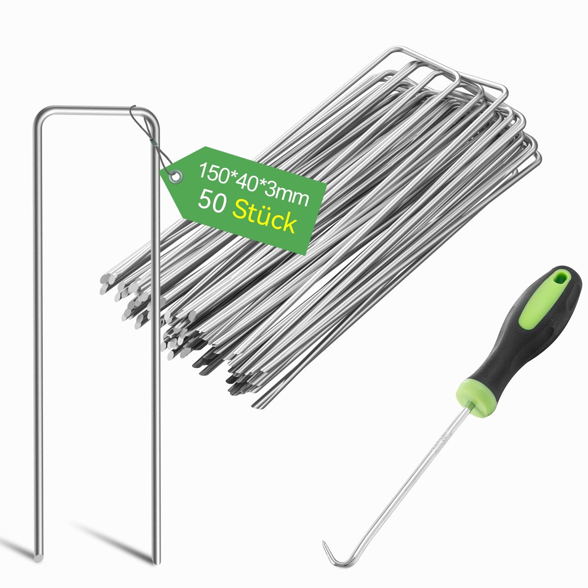 3 mm Zware Tuinnagels, Stalen Palen, Verzinkte Stalen Klemmen Voor Het Vastzetten van Onkruidvlies, Netten en Buizen met 1 Haak (15 cm, 50 Stuks)