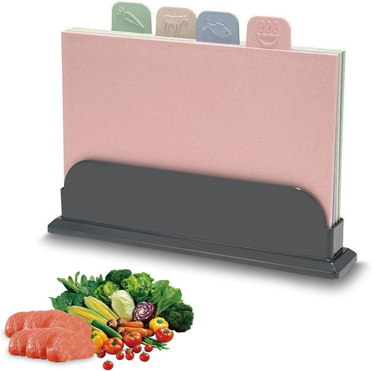 Snijplankenset met standaard, 4 kleuren, snijplanken, kunststof met levensmiddeletiketten voor het sorteren, keukenplank, hygiënisch, snijplank, plastic, keukensnijplank, tarwestro