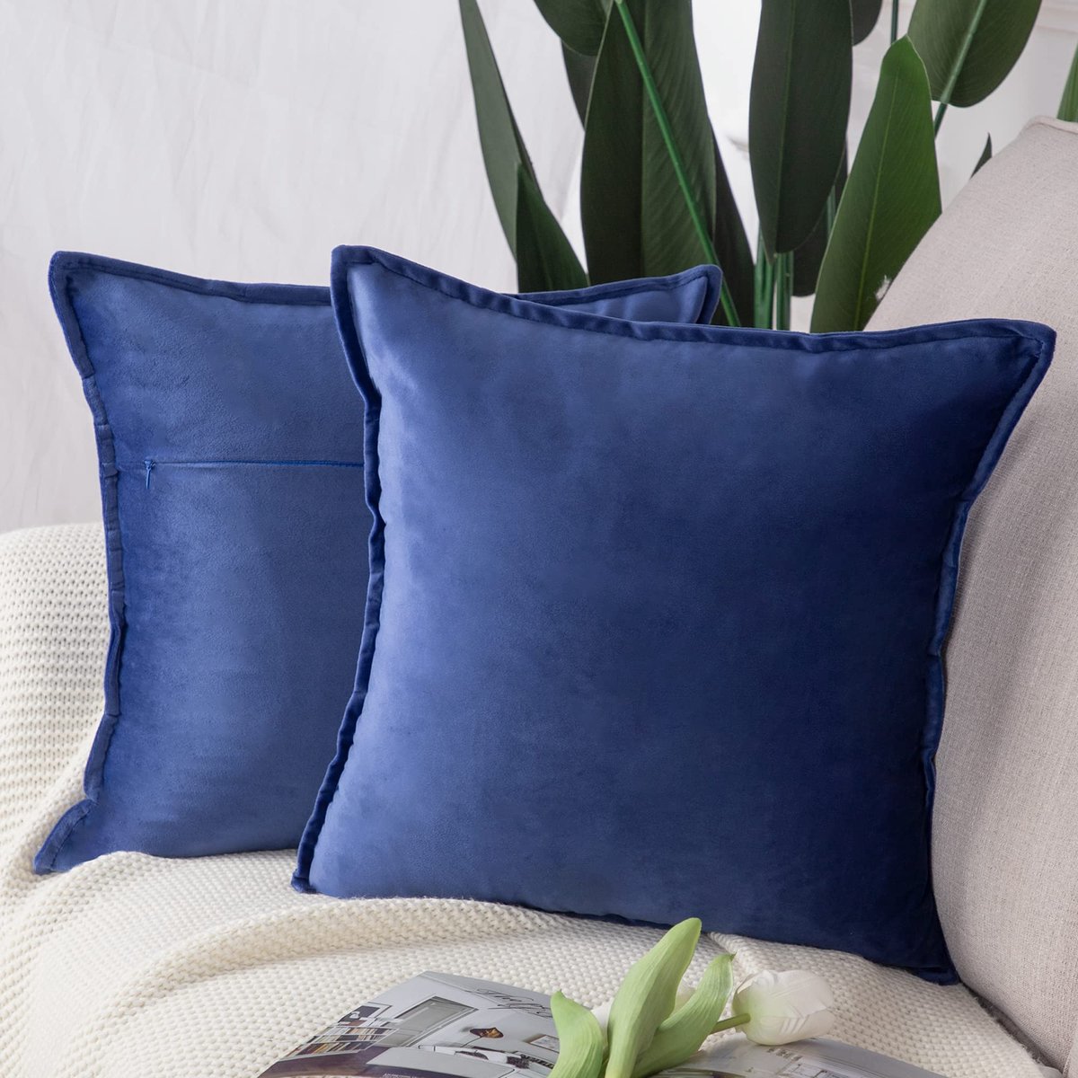 Set van 2 Super Zachte Fluwelen Decoratieve kussenslopen met Franje Luxe Stijl Kussenhoesje voor Sofa Slaapkamer 60x60 cm Koningsblauw