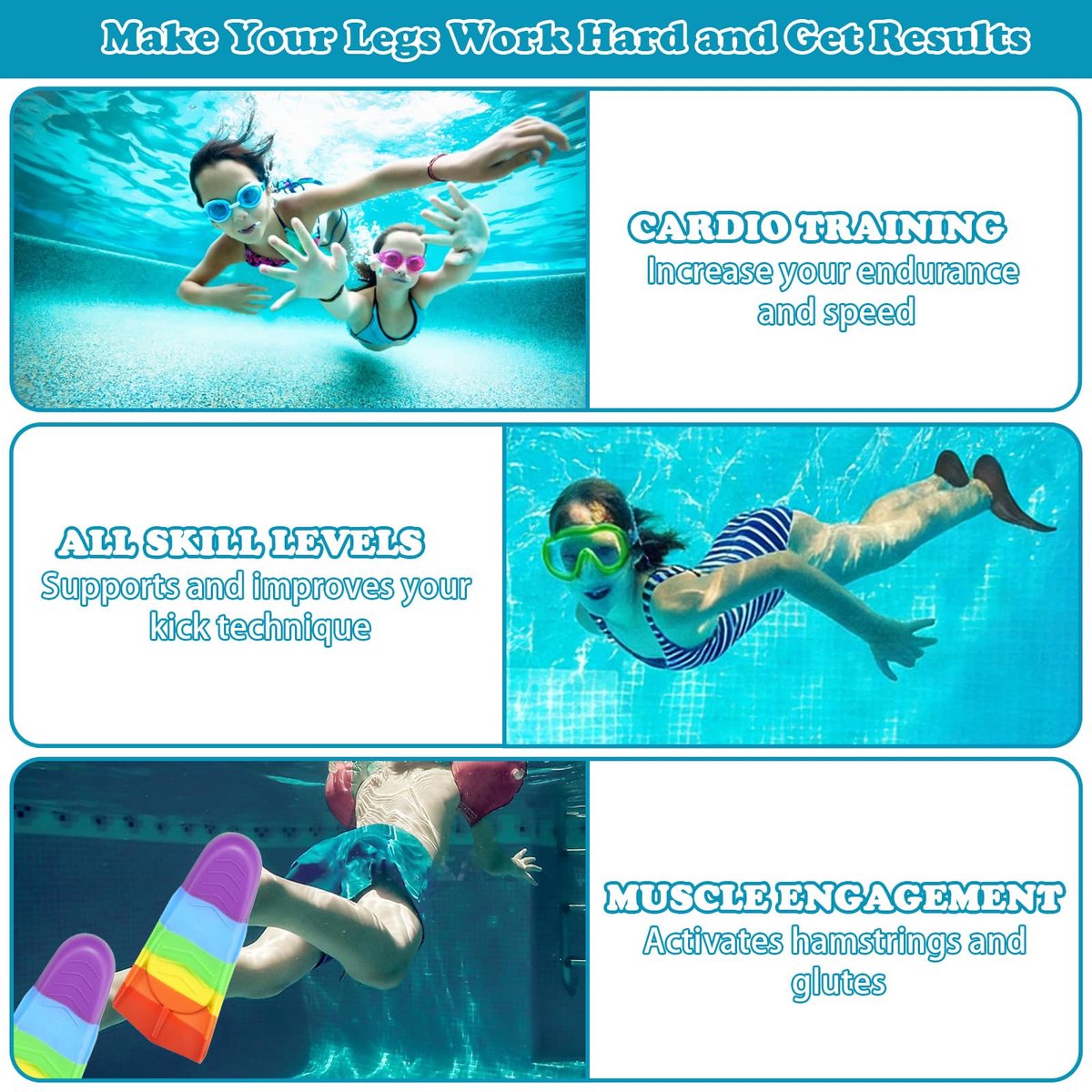 Siliconen, korte vinnen, trainingsvinnen voor kinderen en volwassenen, zwemtraining, vrije watertraining, snorkelen