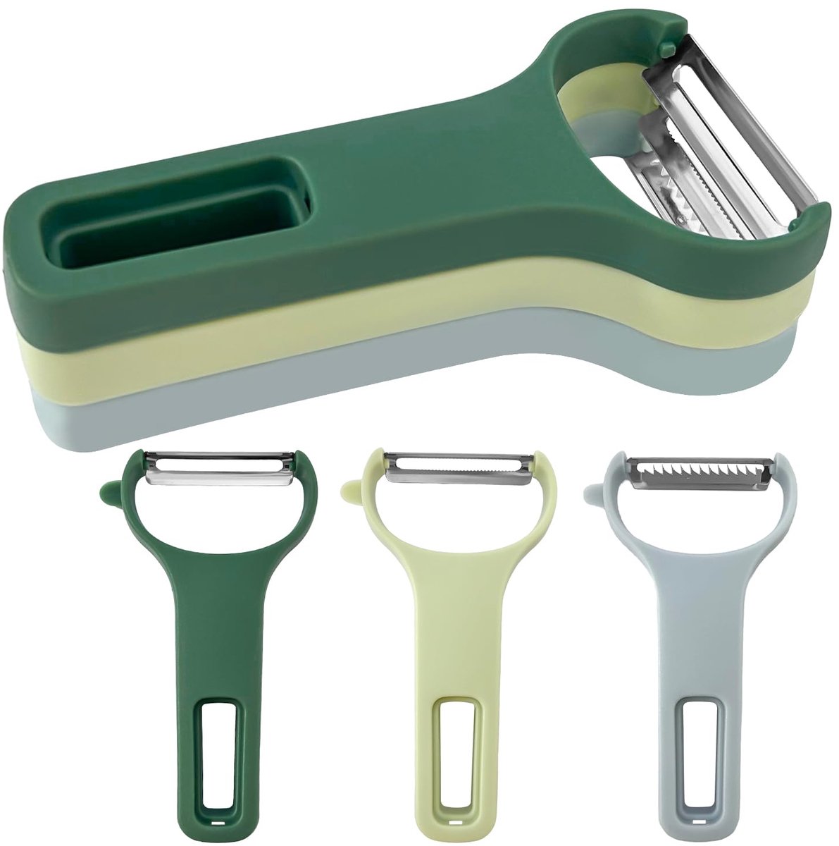3-Pack Groenteschillers, Roestvrijstalen Y-vormige Schiller voor Wortel, Aardappel, Komkommer - Rechte/Gekartelde/Julienne Bladen, Lichtgroen Donkergroen Blauw (12.5×7.3cm)