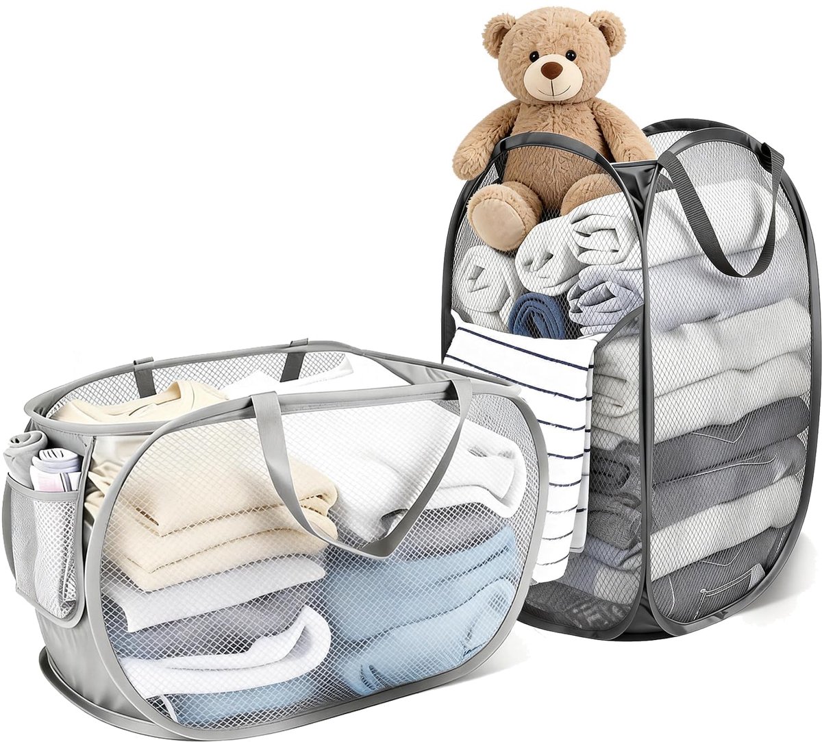 SnelShoppen - 2 Stuks Duurzame Vouwbare Wasmanden Mesh Opvouwbare Wasmand met Handige Pocket Grijs Grote Wasmand voor Wasruimte Badkamer Reis Hotel Co