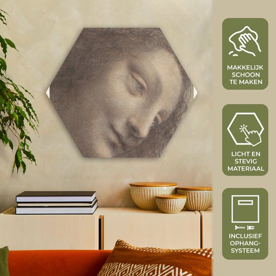 Hexagon wanddecoratie - Kunststof Wanddecoratie - Hexagon Schilderij - The Head of the Virgin - Leonardo da Vinci - 75x65 cm