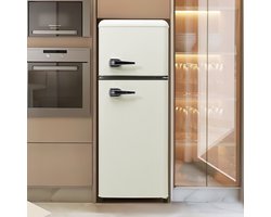 Retro-koelkast – Koel-vriescombinatie, 105,5 cm hoog, 41 cm breed, tweedeurs, 92 liter totaalvolume, 28 liter vriesvolume, deurplateaus en glasplateaus, 116 kWh/jaar, -27°C ~ 13°C, LED-verlichting.