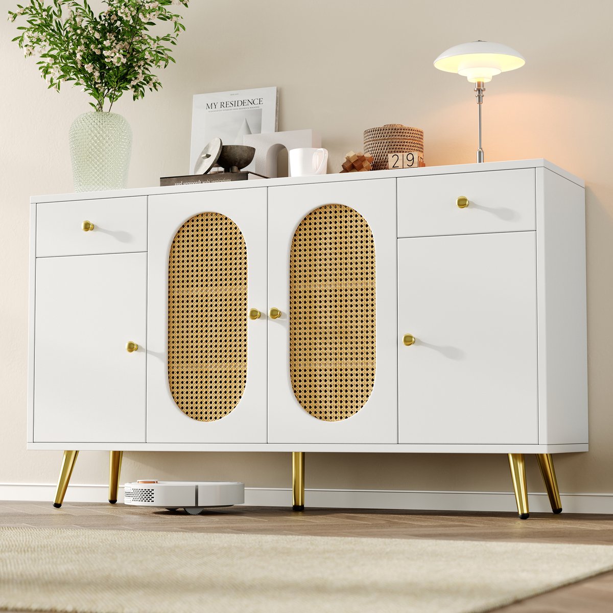 Sideboard dressoir - 140 x 35 x 82 cm (wit en naturel) - 2 lades en 4 deuren - verstelbare planken - gouden handgrepen en metalen poten - opbergmeubel voor woonkamer en keuken