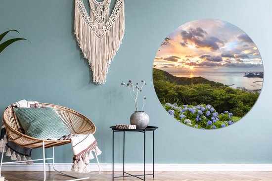 WallCircle - Cercle mural - Cercle mural - Vue mer et hortensias - Aluminium - Dibond - 120x120 cm - Intérieur et Extérieur XXL