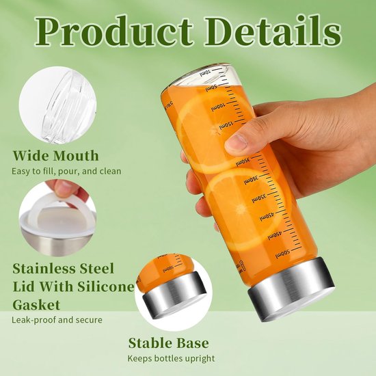 Dailygoods- Glazen Flessen 500 ml - Set van 4 - Roestvrij Stalen Deksel - Herbruikbaar - BPA-vrij - Met Maatschaal - Drankflessen van Dailygoods — afbeelding 3