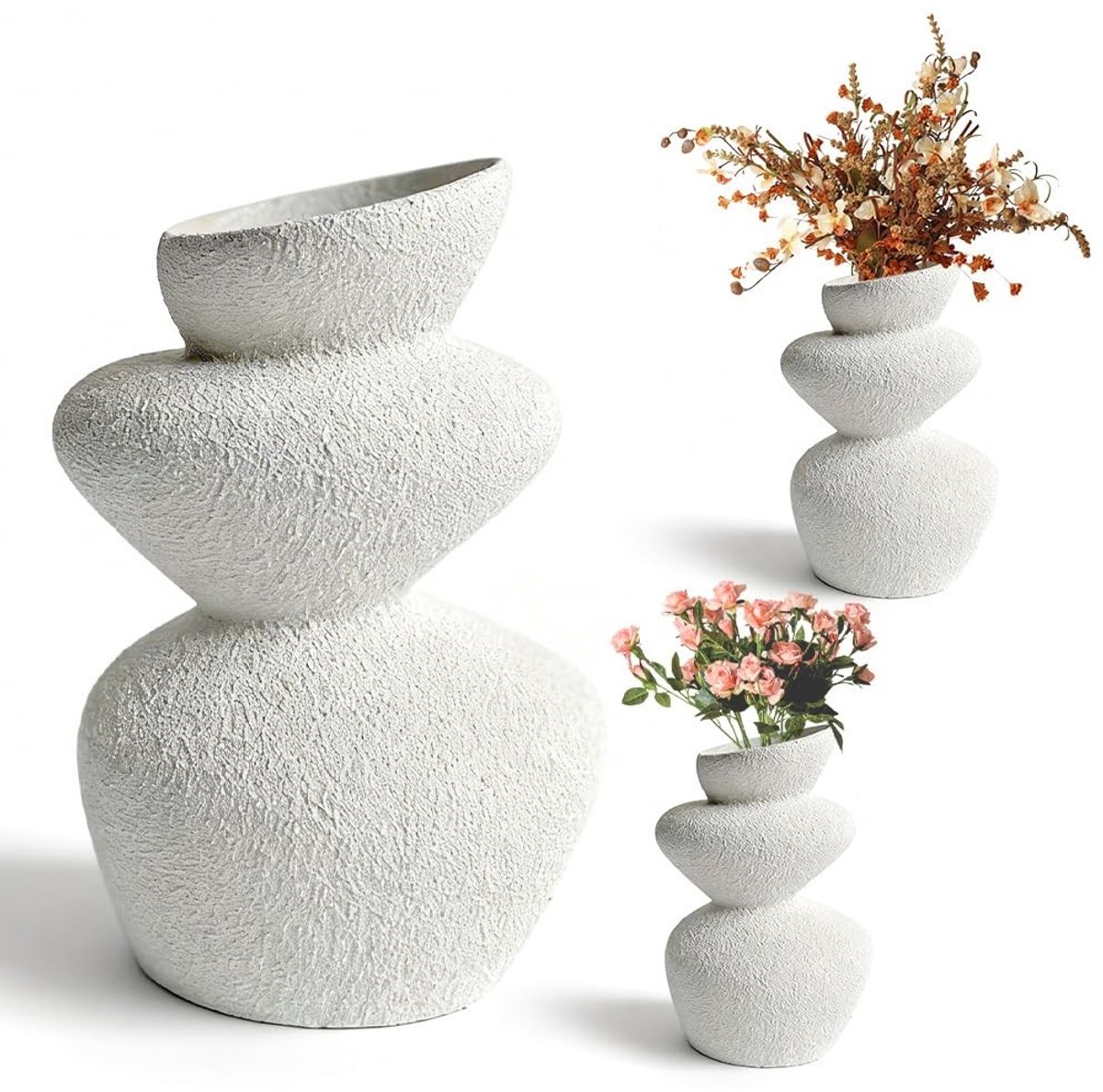 Dailygoods - Keramische vaas, stenen toren vaas, bloemenvaas, wit, sculpturale keramische vaas met ruwe steenstructuur, voor gedroogde bloemen, pampasgras, verse bloemen decoratie