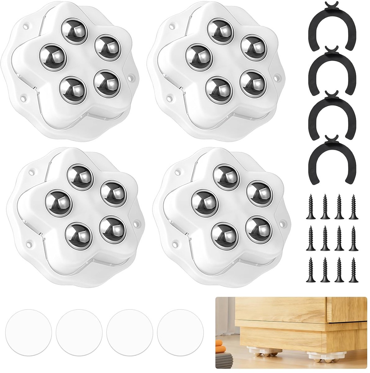 4 Stk Zelfklevende Sterke Rolwielen, 360 Graden Kogelwielen met 5 Rollen, Kleine Kogelwielen voor Meubels Zwaar 150kg, Flat Self Adhesive Wheels Zware Belasting Meubelwielen voor Planken, Keukengerei