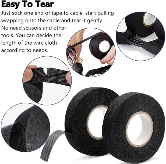 zwart, autokabelboom plakband, zelfklevend doek, textieltape, isolatietape, zwart, voor auto-kabelbomen (19 mm x 15 m) — afbeelding 3